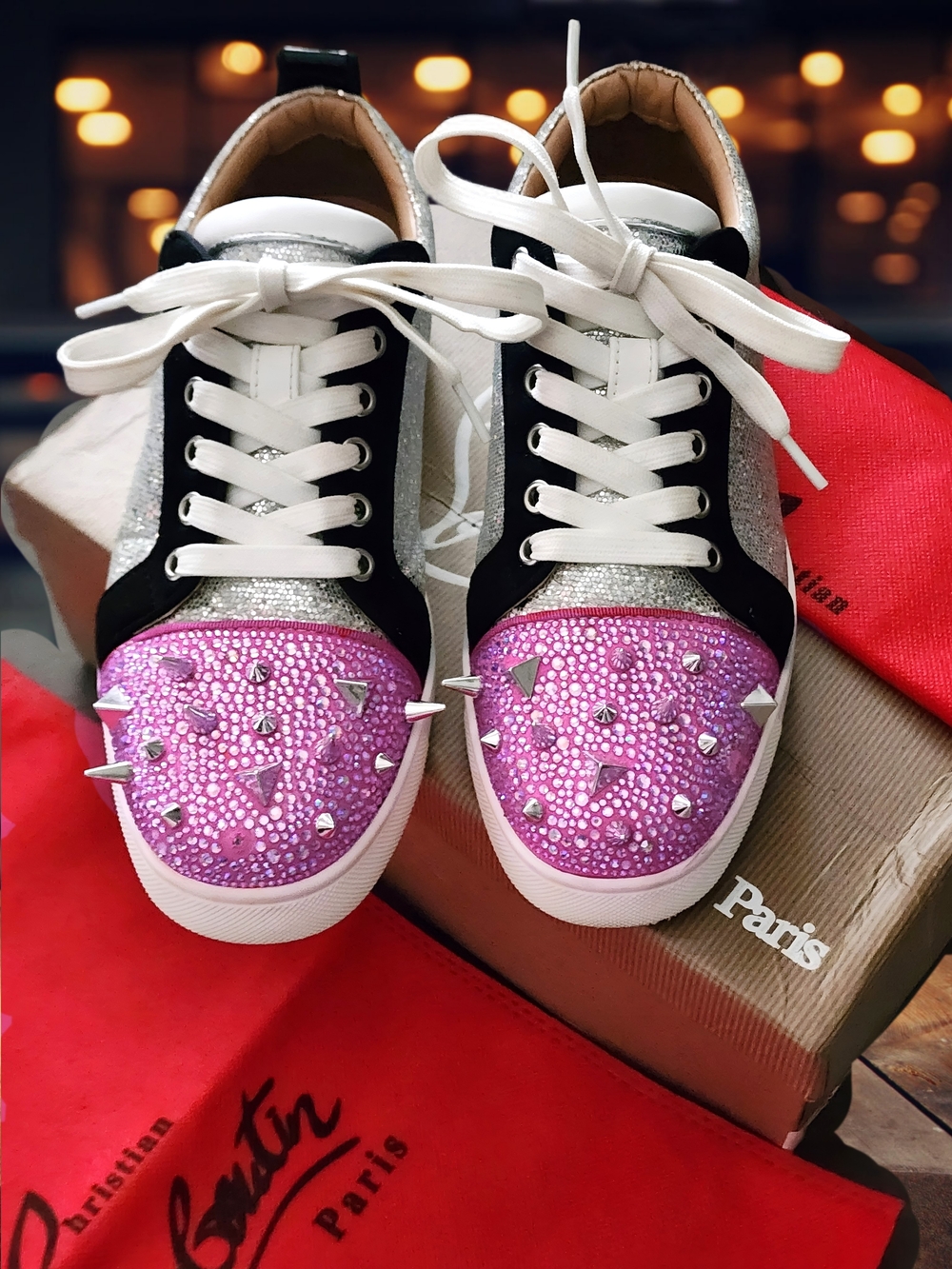 Christian Louboutin Women’s Pink Glitter Spike Sneakers - Picture 4 of 8